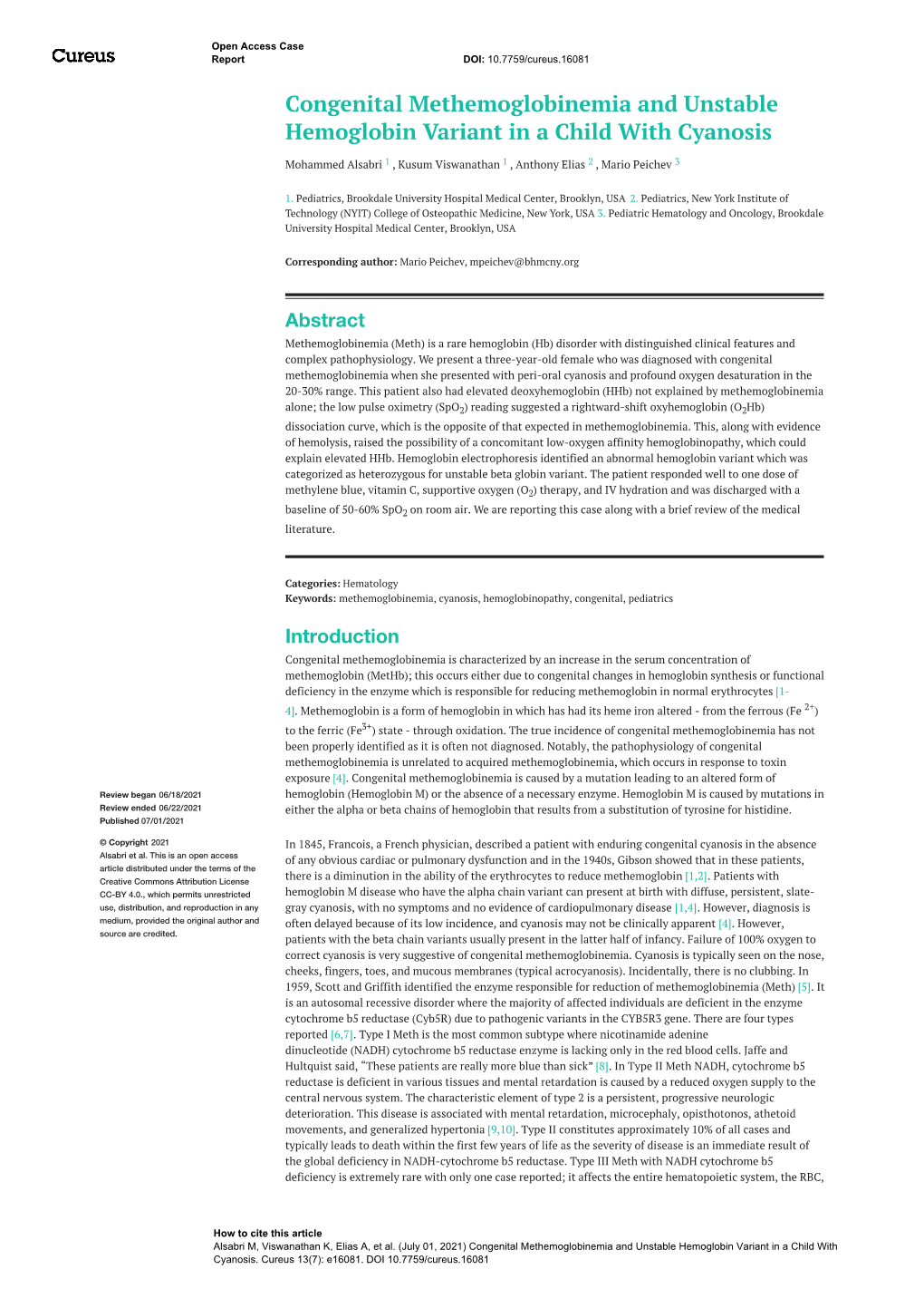 Congenital Methemoglobinemia and Unstable Hemoglobin Variant in a Child with Cyanosis