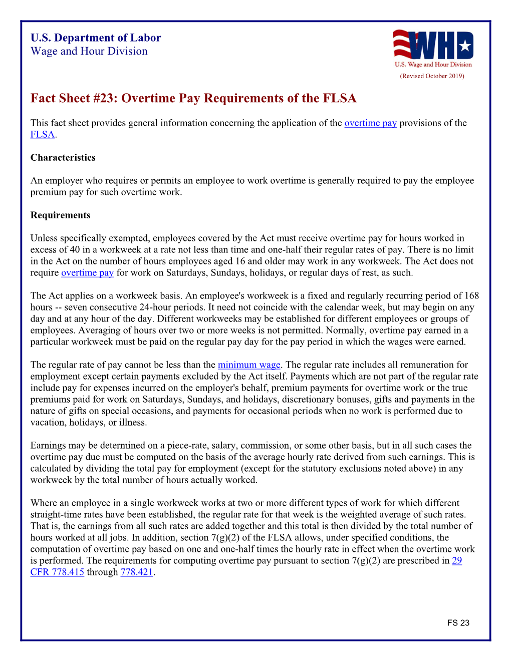 Fact Sheet 23: Overtime Pay Requirements