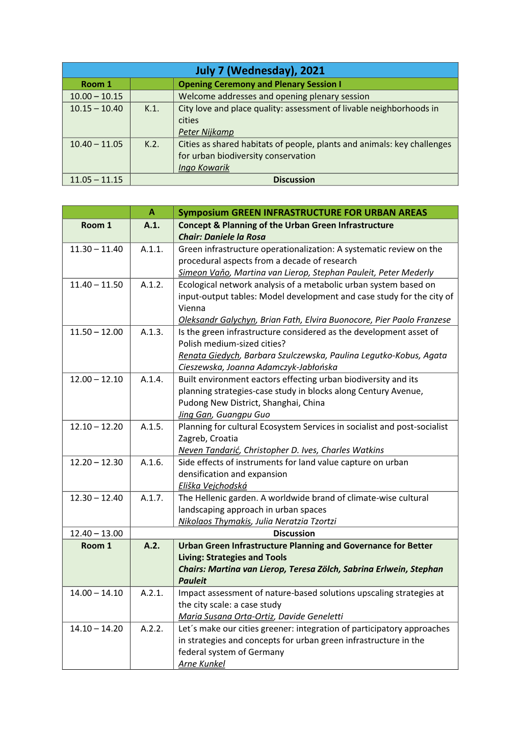 (Wednesday), 2021 Room 1 Opening Ceremony and Plenary Session I 10.00 – 10.15 Welcome Addresses and Opening Plenary Session 10.15 – 10.40 K.1