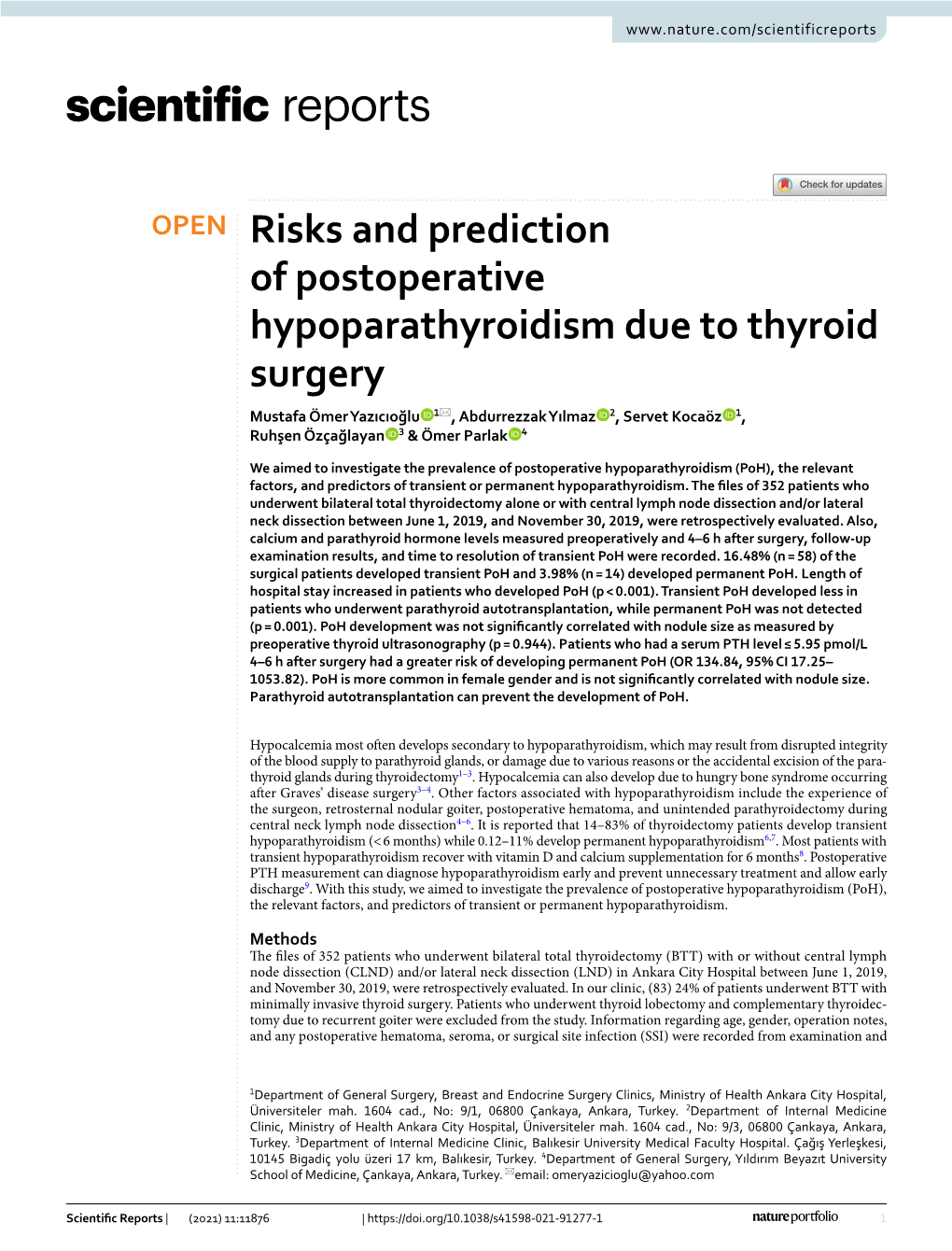 Risks and Prediction of Postoperative Hypoparathyroidism Due to Thyroid