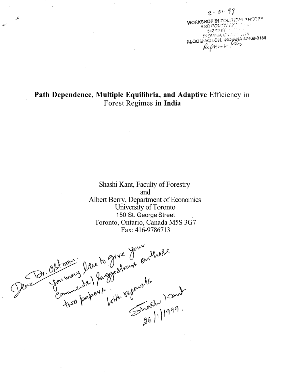 Path Dependence, Multiple Equilibria, and Adaptive Efficiency in Forest Regimes in India