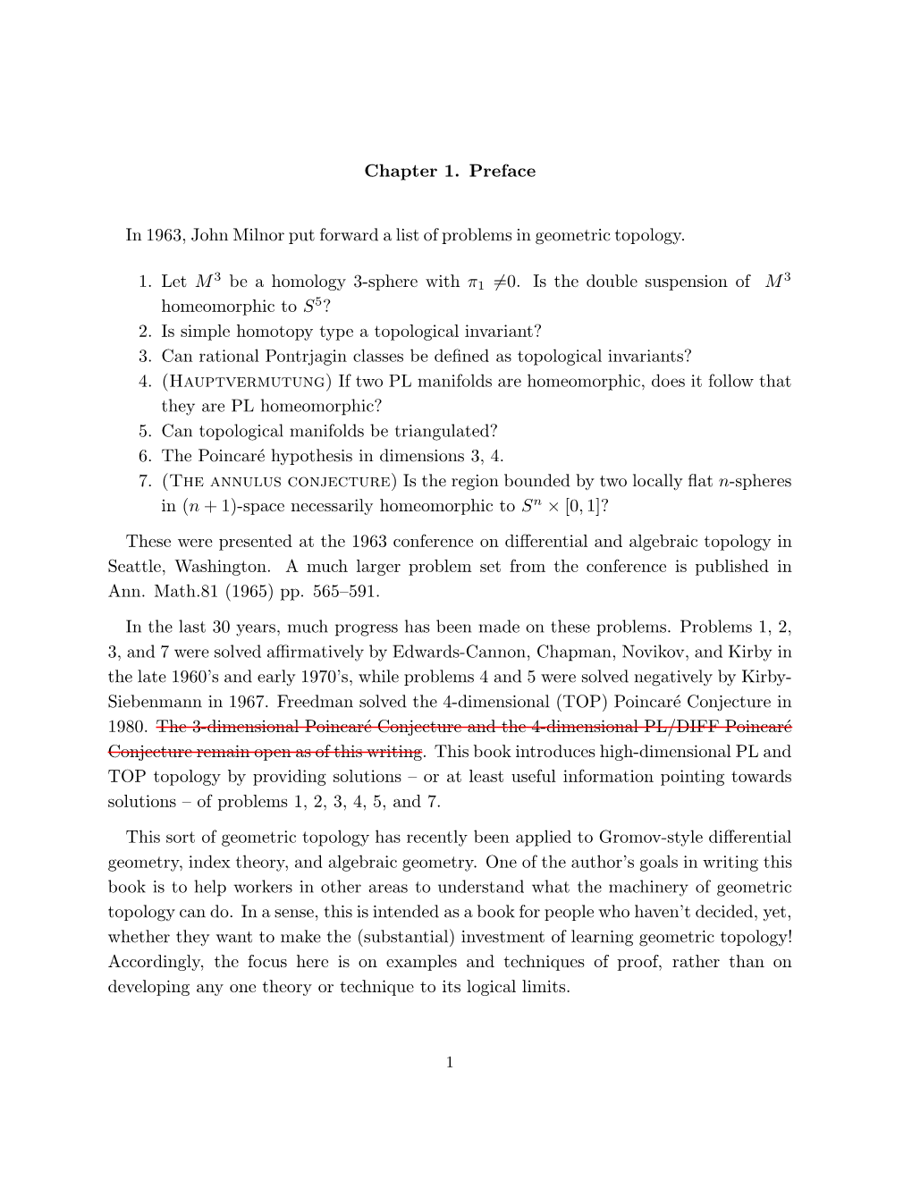 Chapter 1. Preface in 1963, John Milnor Put Forward a List of Problems