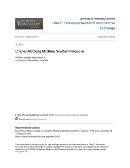 Charles Mcclung Mcghee, Southern Financier