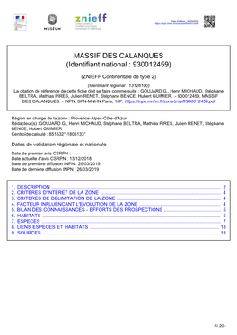 MASSIF DES CALANQUES (Identifiant National : 930012459)
