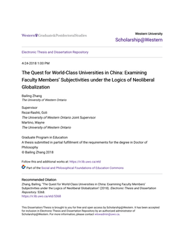 The Quest for World-Class Universities in China: Examining Faculty Members’ Subjectivities Under the Logics of Neoliberal Globalization