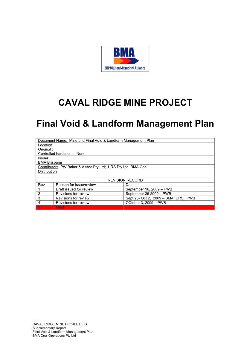 CAVAL RIDGE MINE PROJECT Final Void & Landform Management Plan