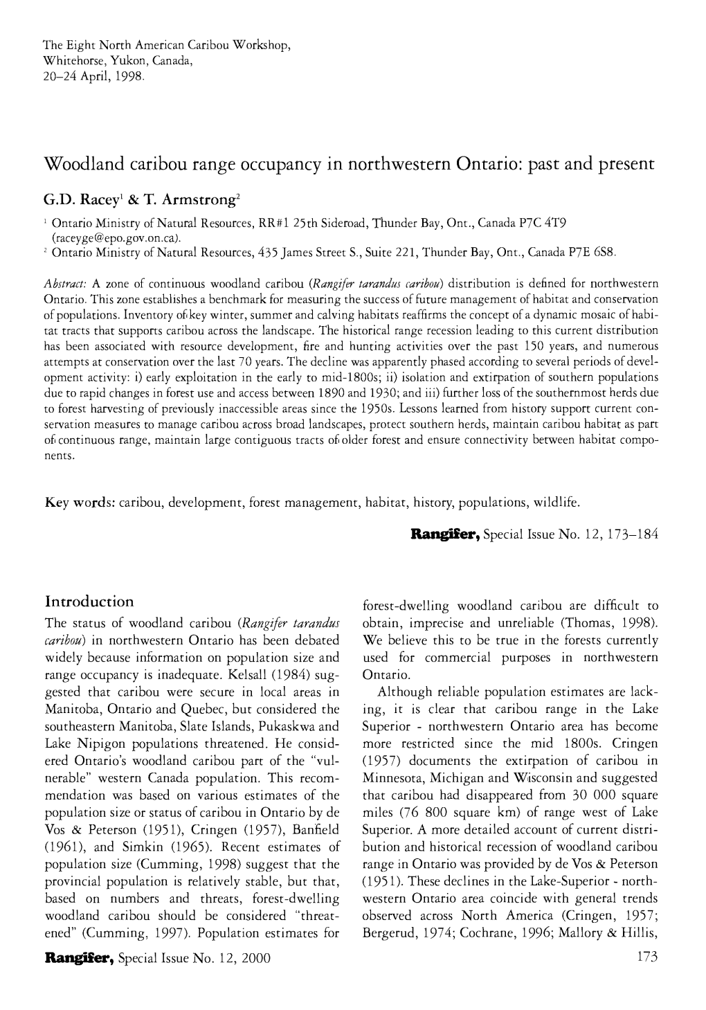 Woodland Caribou Range Occupancy in Northwestern Ontario: Past and Present