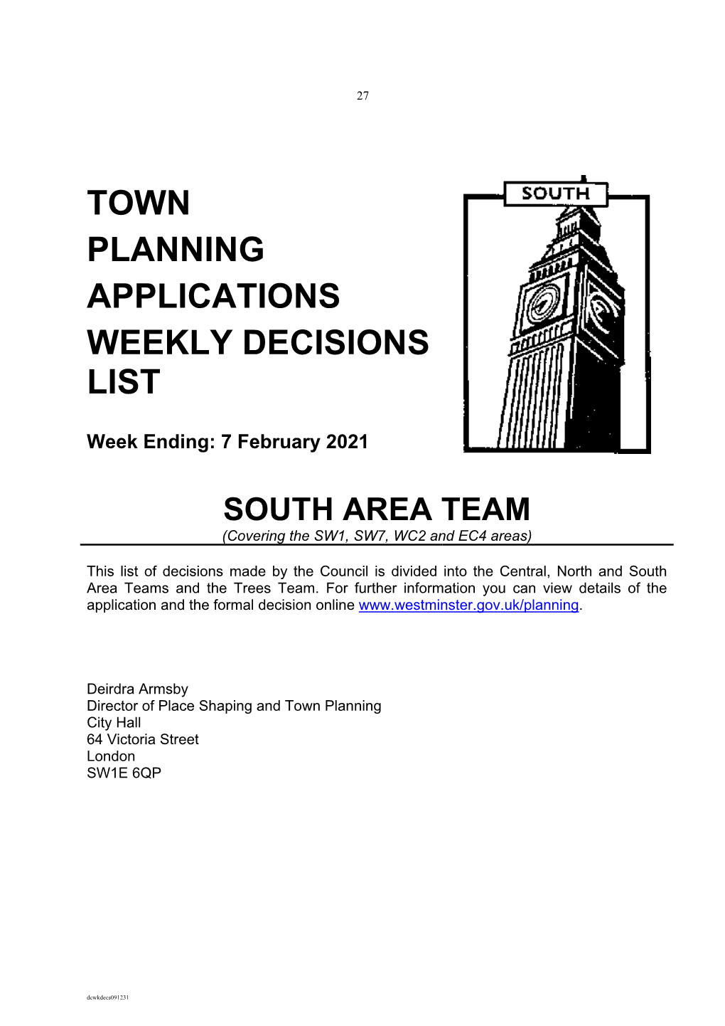 Town Planning Applications Weekly Decisions List