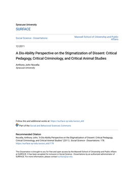 A Dis-Ability Perspective on the Stigmatization of Dissent: Critical Pedagogy, Critical Criminology, and Critical Animal Studies