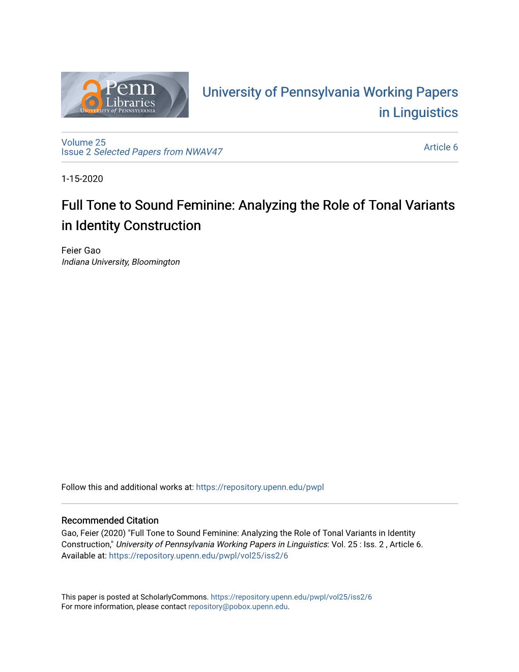 Full Tone to Sound Feminine: Analyzing the Role of Tonal Variants in Identity Construction