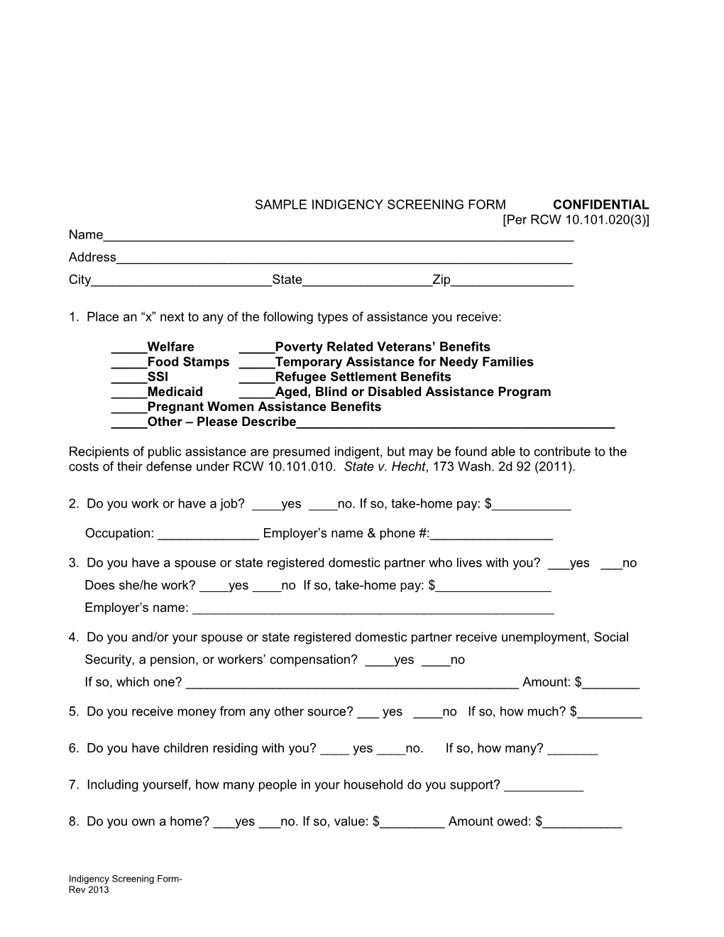 Sample Indigency Screening Form