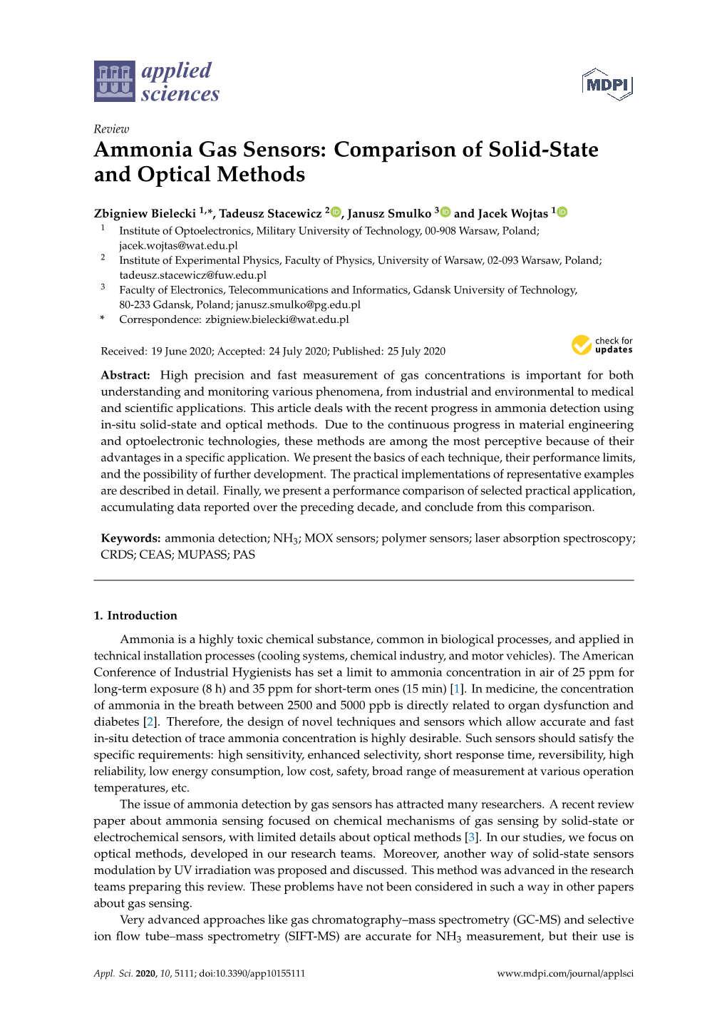 Ammonia Gas Sensors: Comparison of Solid-State and Optical Methods