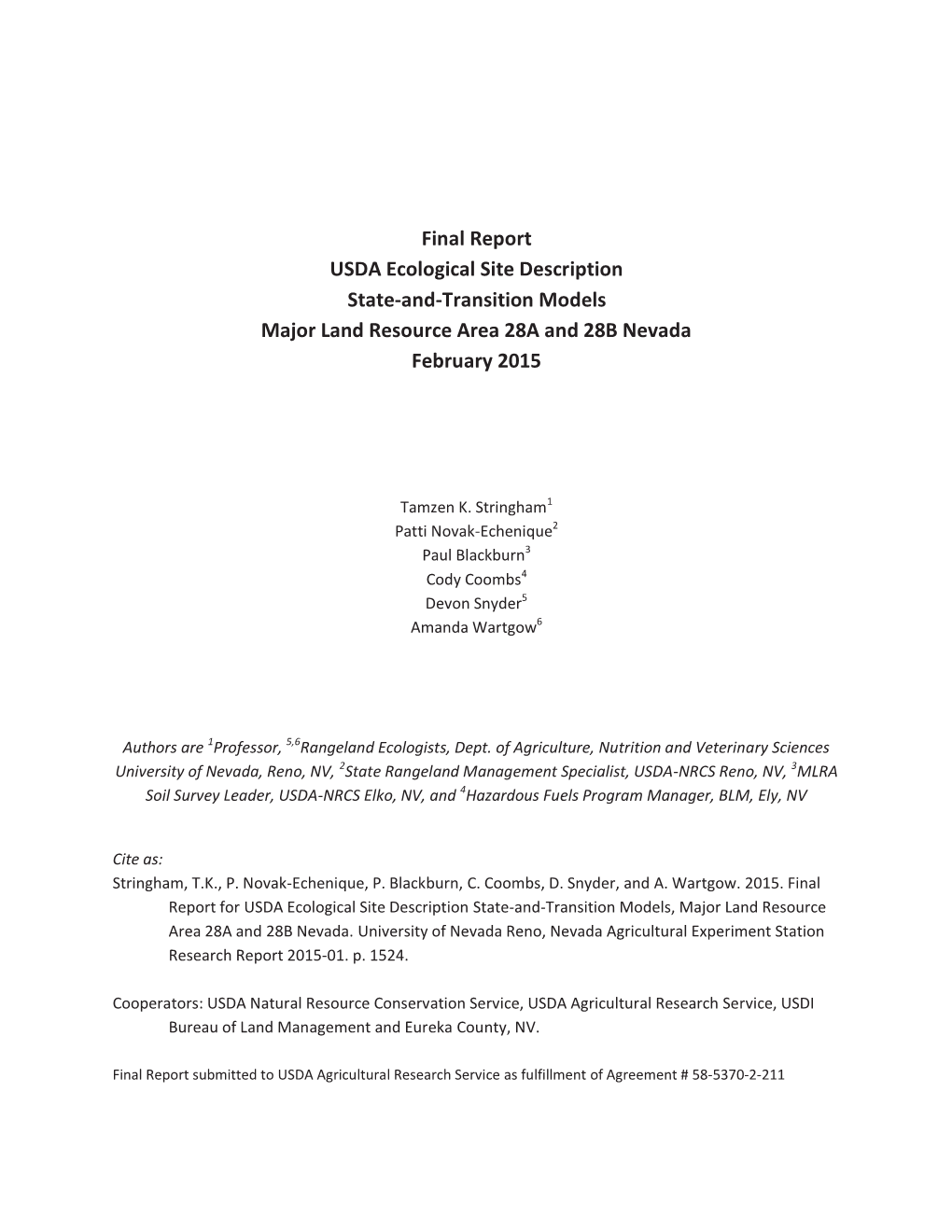 USDA Ecological Site Description State-And-Transition Models Major Land Resource Area 28A and 28B Nevada February 2015