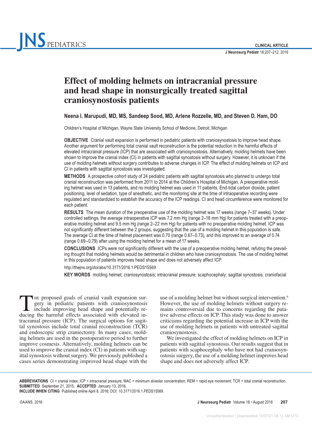 Effect of Molding Helmets on Intracranial Pressure and Head Shape in Nonsurgically Treated Sagittal Craniosynostosis Patients