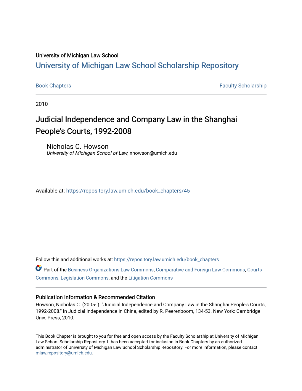 Judicial Independence and Company Law in the Shanghai People's Courts, 1992-2008