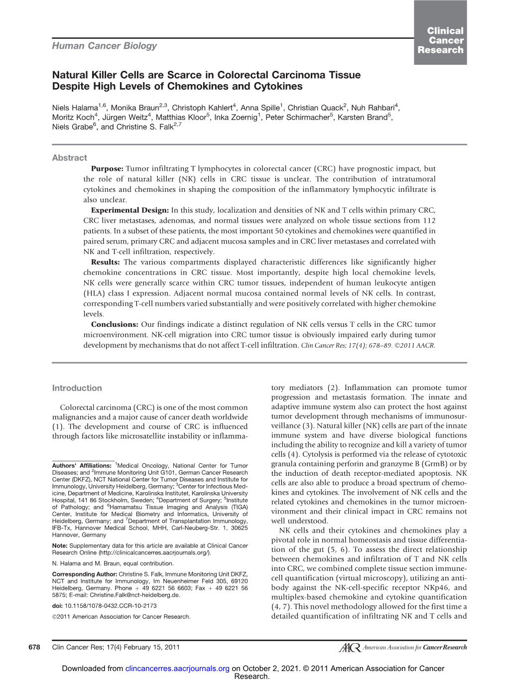 Natural Killer Cells Are Scarce in Colorectal Carcinoma Tissue Despite High Levels of Chemokines and Cytokines