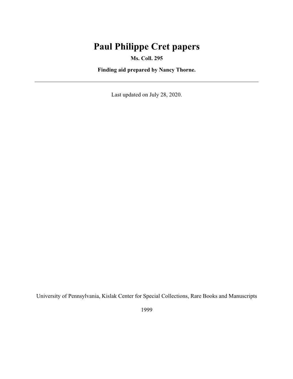 Paul Philippe Cret Papers Ms