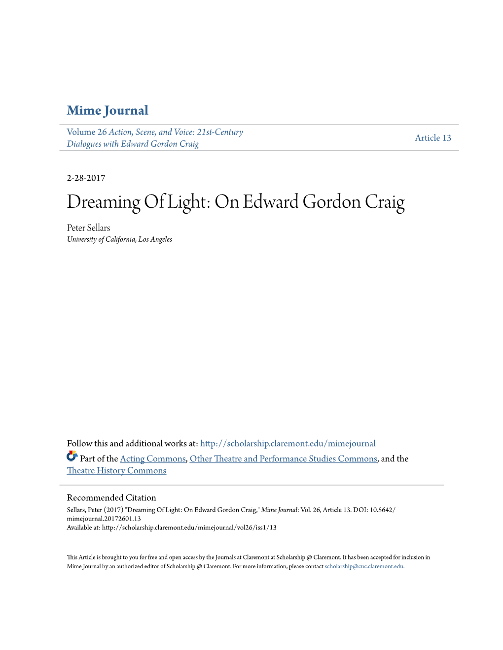 Dreaming of Light: on Edward Gordon Craig Peter Sellars University of California, Los Angeles