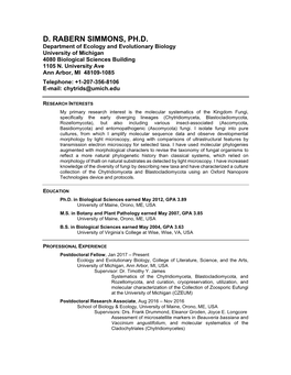 D. RABERN SIMMONS, PH.D. Department of Ecology and Evolutionary Biology University of Michigan 4080 Biological Sciences Building 1105 N