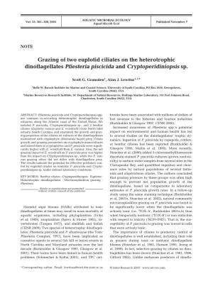 Grazing of Two Euplotid Ciliates on the Heterotrophic Dinoflagellates Pfiesteria Piscicida and Cryptoperidiniopsis Sp