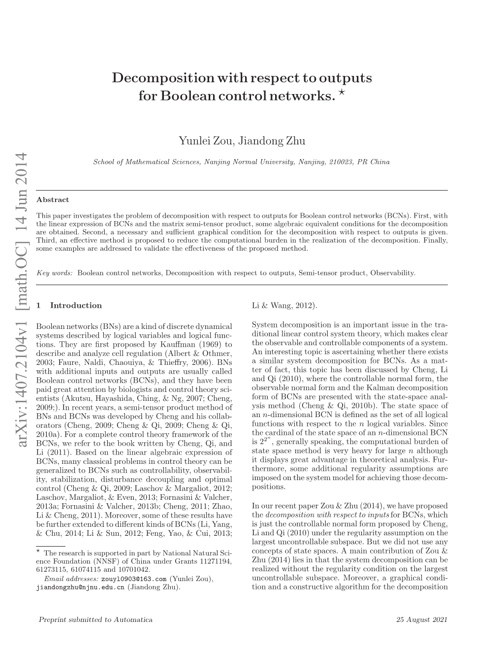 Decomposition with Respect to Outputs for Boolean Control Networks