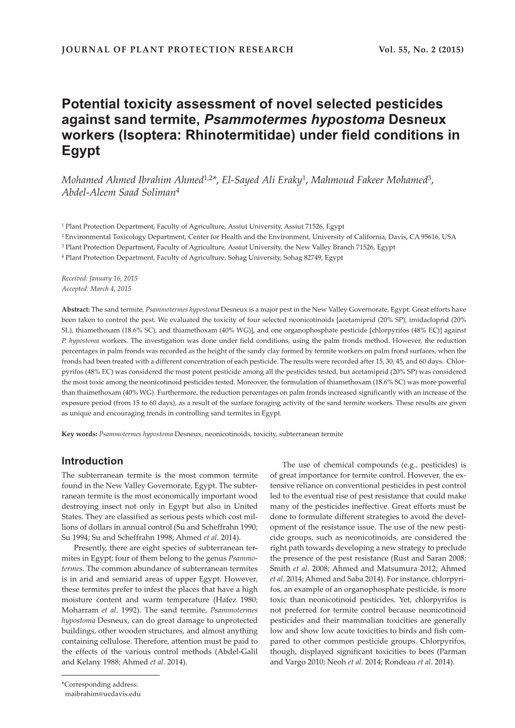 Potential Toxicity Assessment of Novel Selected Pesticides Against Sand Termite, Psammotermes Hypostoma Desneux Workers (Isopter