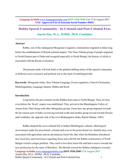 Rabha Speech Community - in Colonial and Post-Colonial Eras Amrita Das, M.A., M.Phil., Ph.D