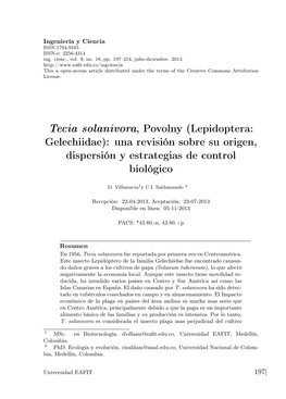 Tecia Solanivora, Povolny (Lepidoptera: Gelechiidae): Una Revisión Sobre Su Origen, Dispersión Y Estrategias De Control Biológico