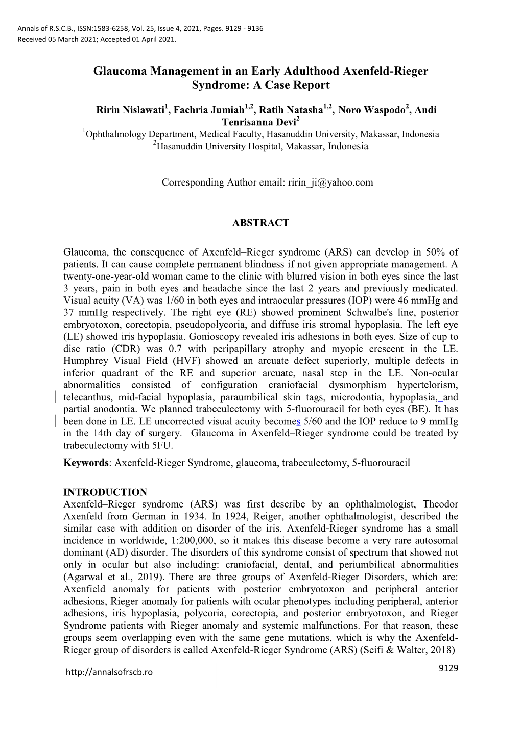 Glaucoma Management in an Early Adulthood Axenfeld-Rieger Syndrome: a Case Report