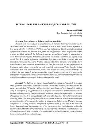 Federalism in the Balkans: Projects and Realities