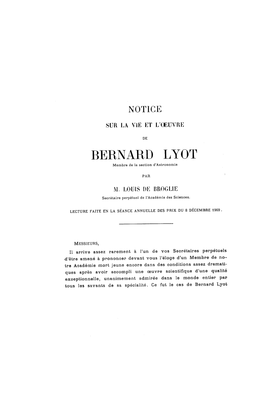 Notice Sur La Vie Et L'oeuvre De Bernard Lyot