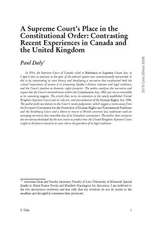 A Supreme Court's Place in the Constitutional Order: Contrasting Recent Experiences in Canada and the United Kingdom