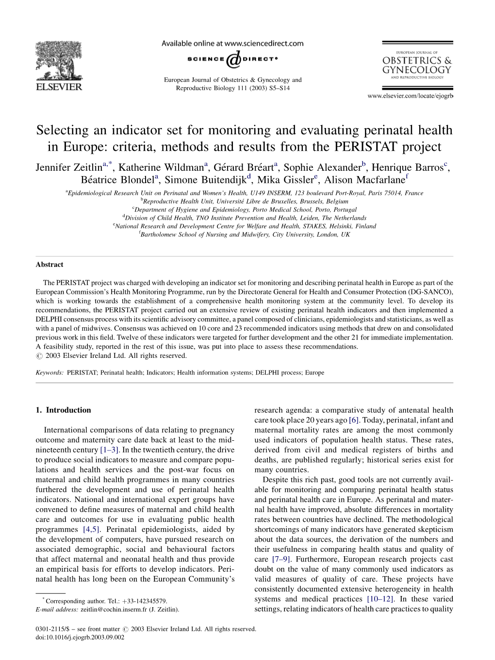 Selecting an Indicator Set for Monitoring and Evaluating Perinatal