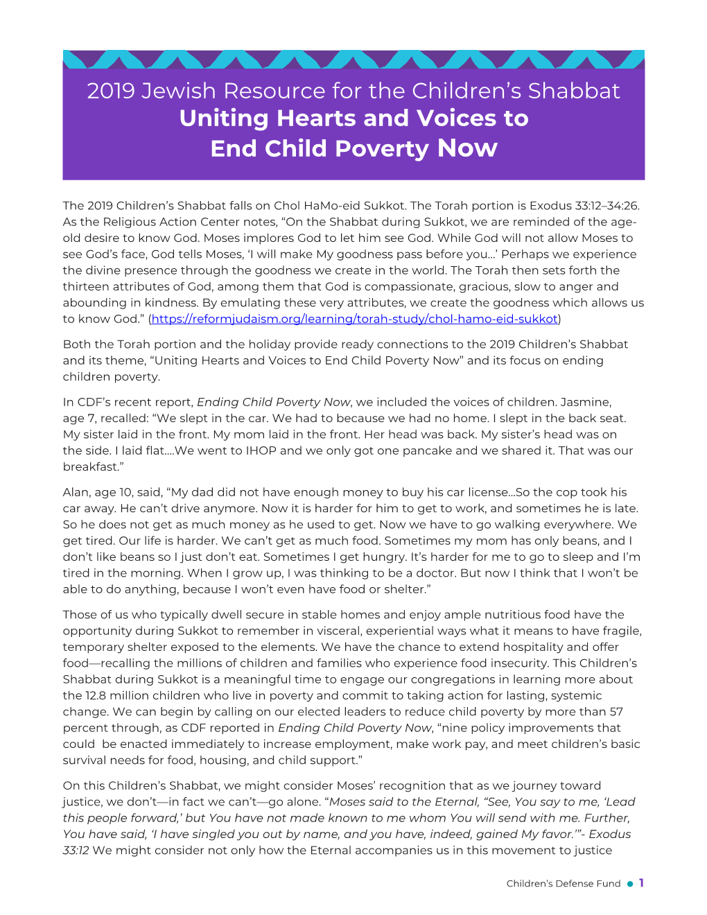 2019 Jewish Resource for the Children’S Shabbat Uniting Hearts and Voices to End Child Poverty Now