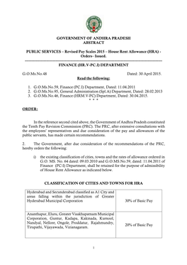 Revised Pay Scales 2015 – House Rent Allowance (HRA) - Orders– Issued