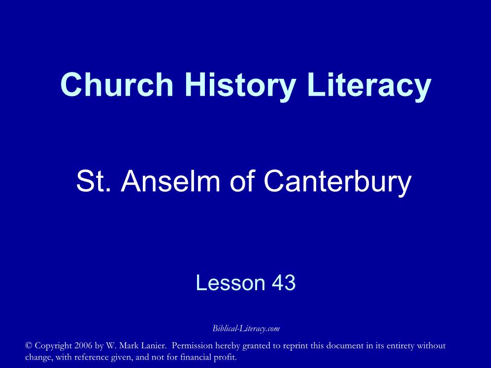 Church History Literacy St. Anselm of Canterbury