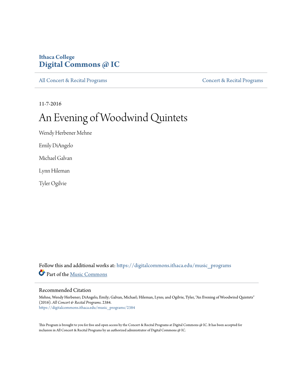 An Evening of Woodwind Quintets Wendy Herbener Mehne