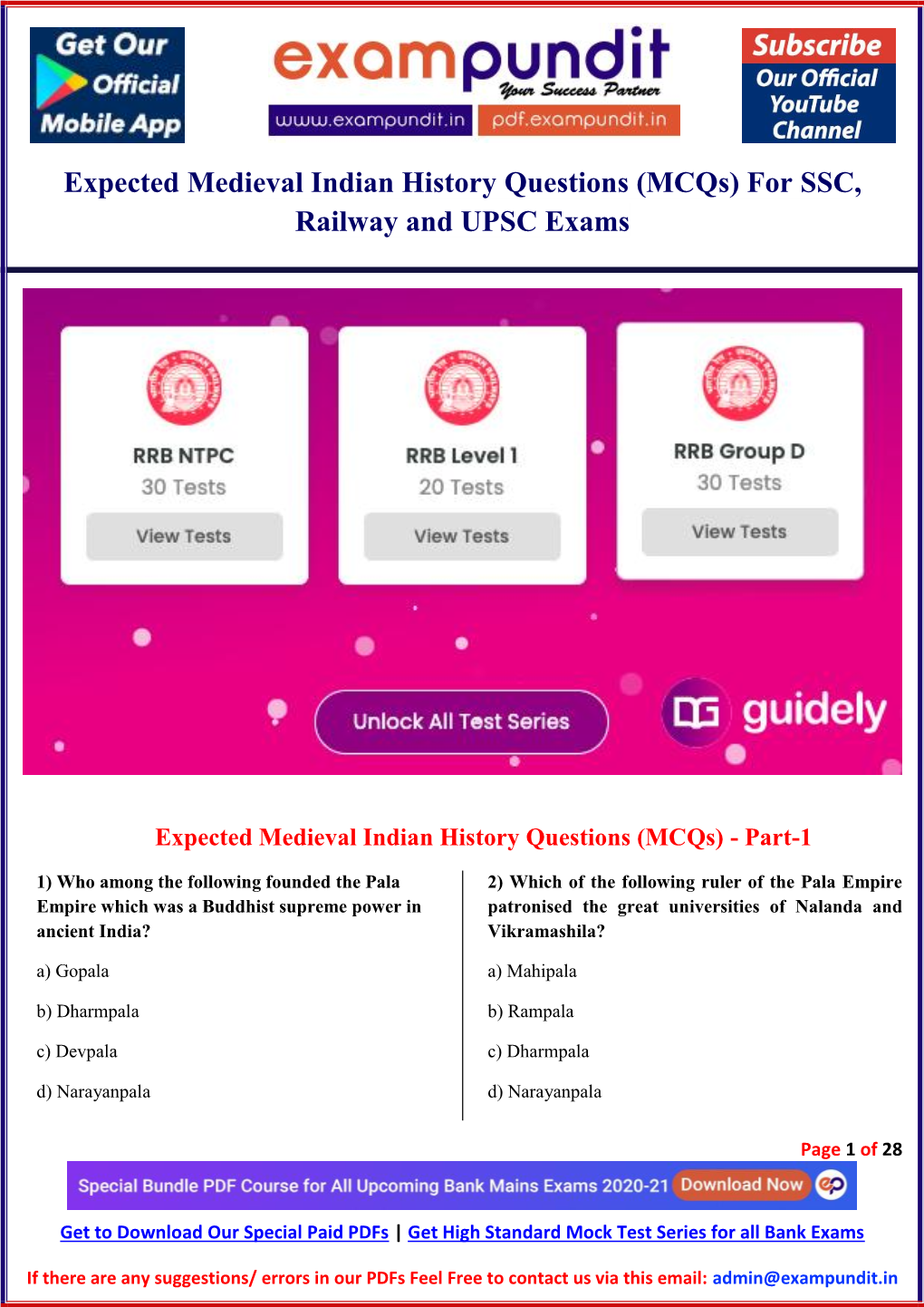 Expected Medieval Indian History Questions (Mcqs) for SSC, Railway and UPSC Exams