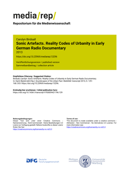 Sonic Artefacts. Reality Codes of Urbanity in Early German Radio Documentary 2013