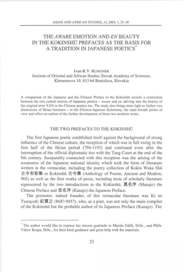 The Aware Emotion and En Beauty in the Kokinshü Prefaces As the Basis for a Tradition in Japanese Poetics*