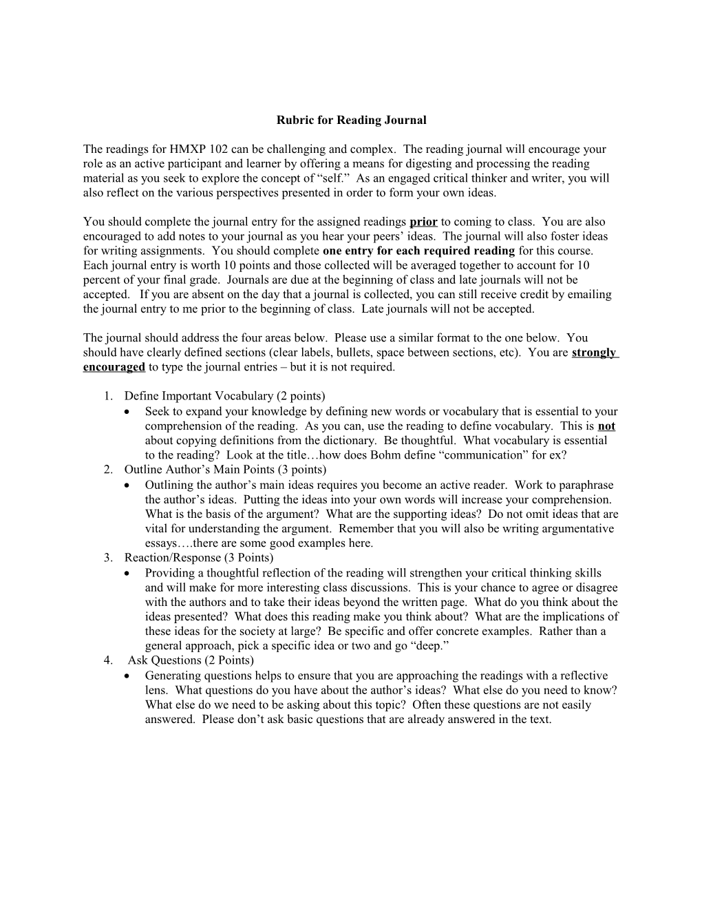 Rubric for Reading Journal