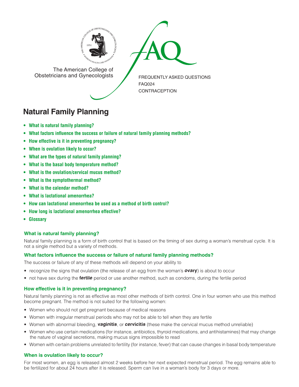 FAQ024 -- Natural Family Planning