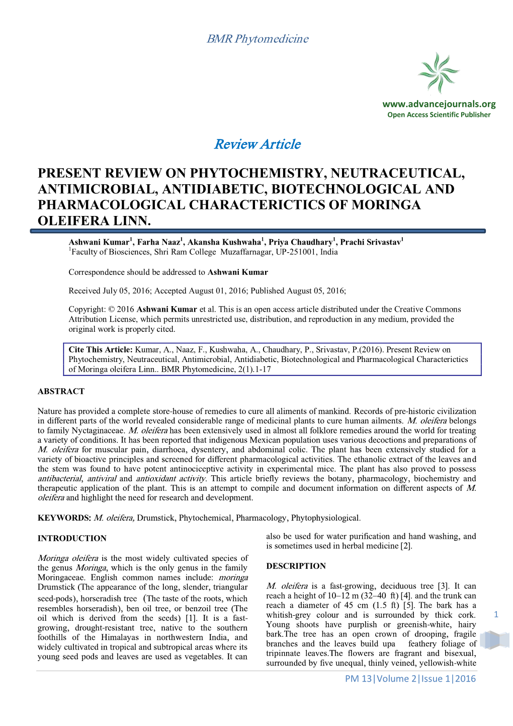 Present Review on Phytochemistry, Neutraceutical, Antimicrobial, Antidiabetic, Biotechnological and Pharmacological Characterictics of Moringa Oleifera Linn