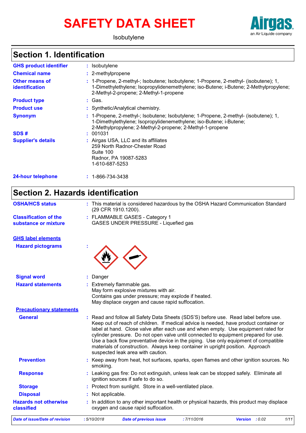 SAFETY DATA SHEET Isobutylene