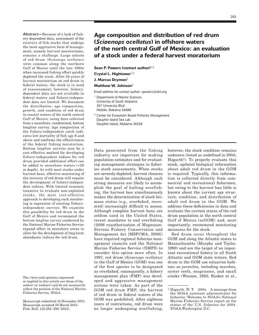 Age Composition and Distribution of Red Drum (Sciaenops Ocellatus) In