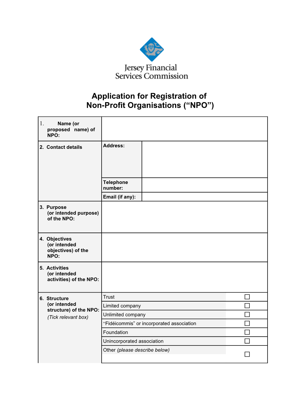 Application for Registration of Non-Profit Organisations ( NPO )