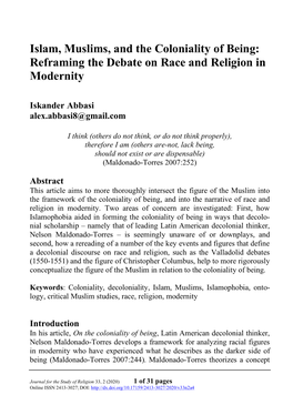 Islam, Muslims, and the Coloniality of Being: Reframing the Debate on Race and Religion in Modernity