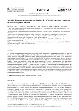 Introduction to the Systematics and Biodiversity of Sharks, Rays, and Chimaeras (Chondrichthyes) of Taiwan