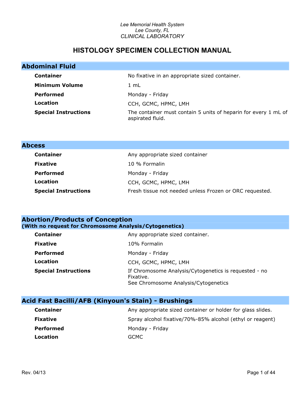 Histology Specimen Collection Manual