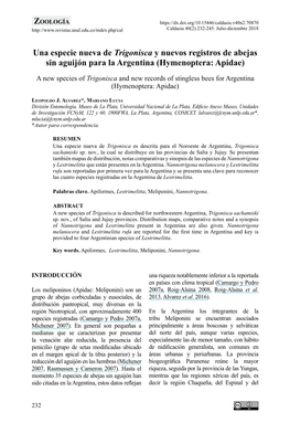 Una Especie Nueva De Trigonisca Y Nuevos Registros De Abejas Sin Aguijón Para La Argentina (Hymenoptera: Apidae)